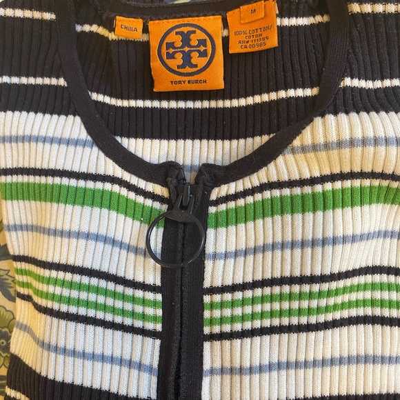 Tory Burch Navy, Green& White striped ribbed 1/4 Zip Top with 3/4 Sleeves Medium - Picture 8 of 8